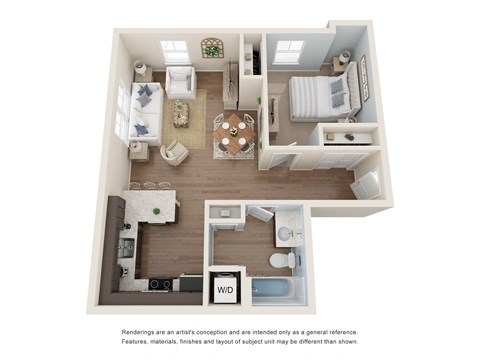 Floor plan for 1 bed, 1 bath, 671 sqft